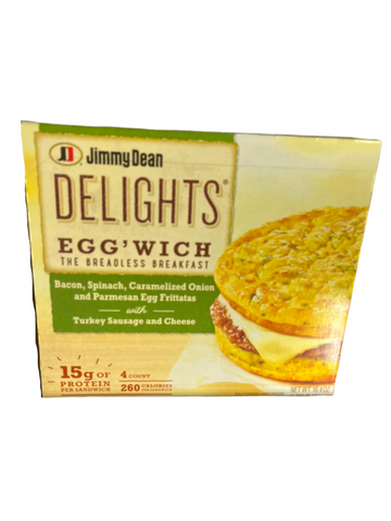 Jimmy Dean Delights Egg'Wich Bacon, Spinach, Carmelzed Onions & Parmesan Egg Frittatas with Turkey Sausage & Cheese